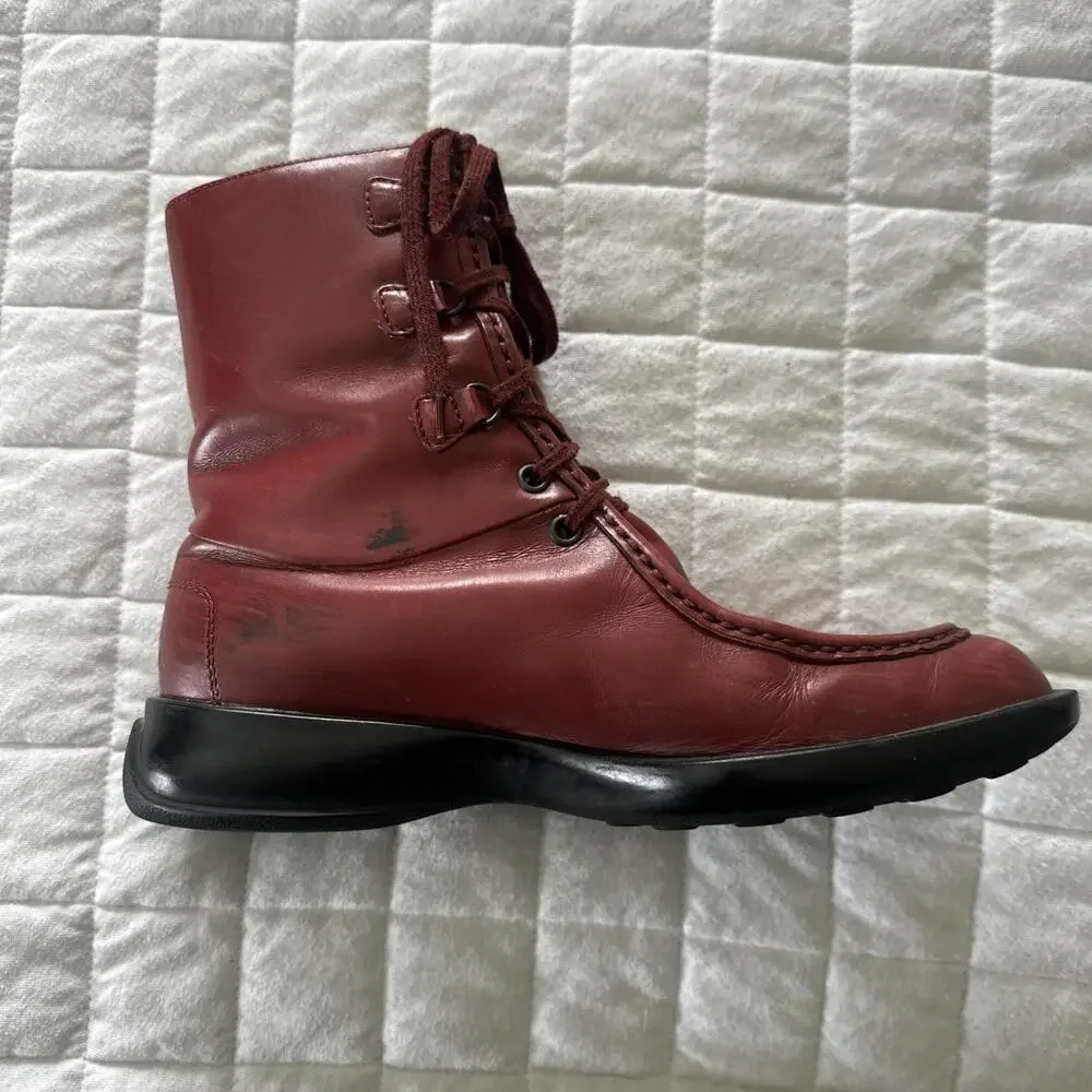 TODS Boots Womens 38 US 8 Red Leather Lace Up Combat Ankle Wedge Low Heel - Picture 5 of 14